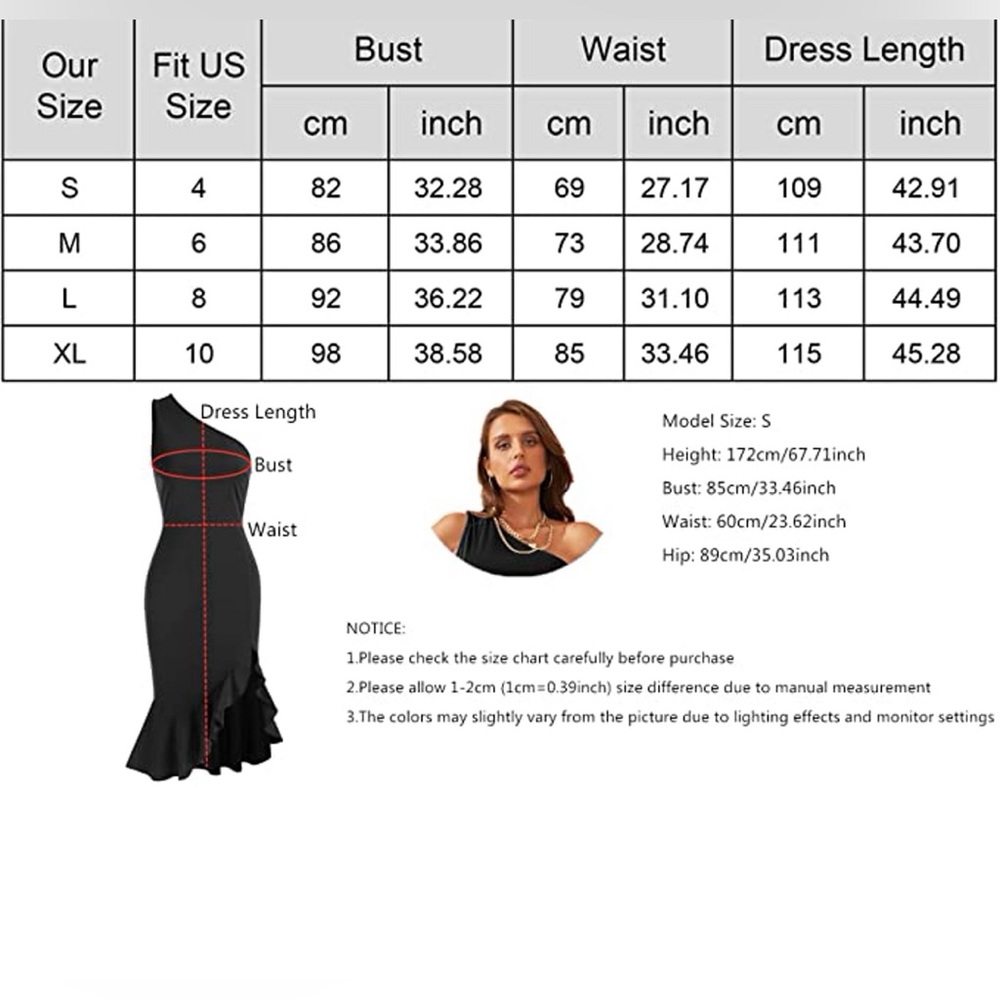 YOESEE Women One Shoulder Sleeveless Bodycon Dress Side Split Ruffle Hem - Picture 6 of 6